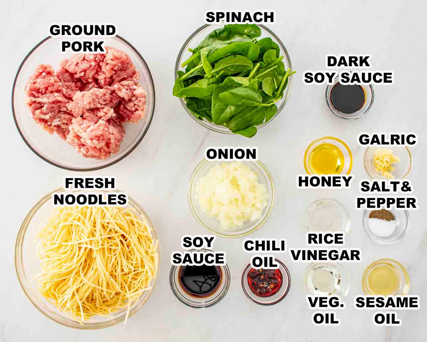 ingredients needed to make pork noodle stir fry.