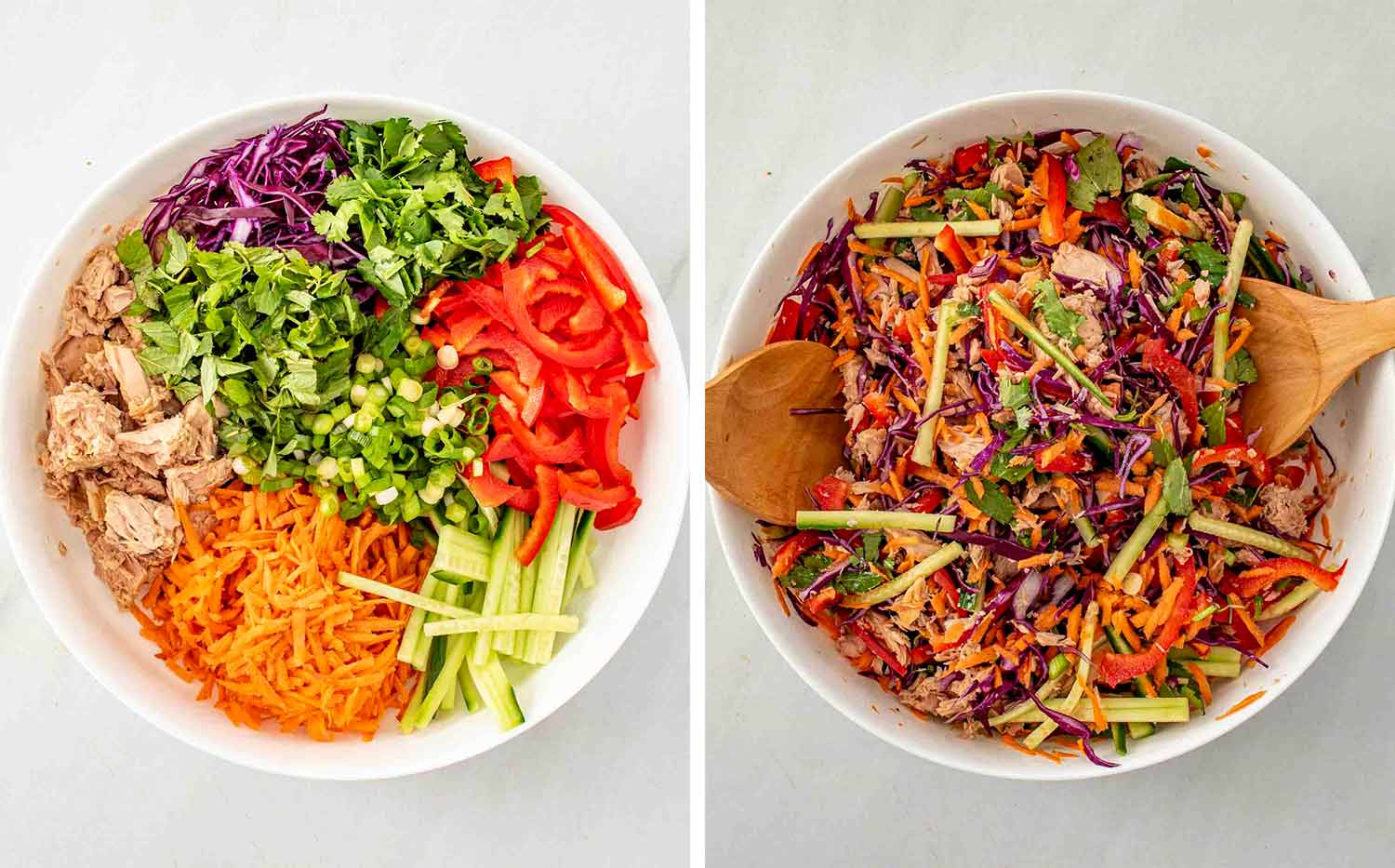 process shots showing how to make asian tuna salad.