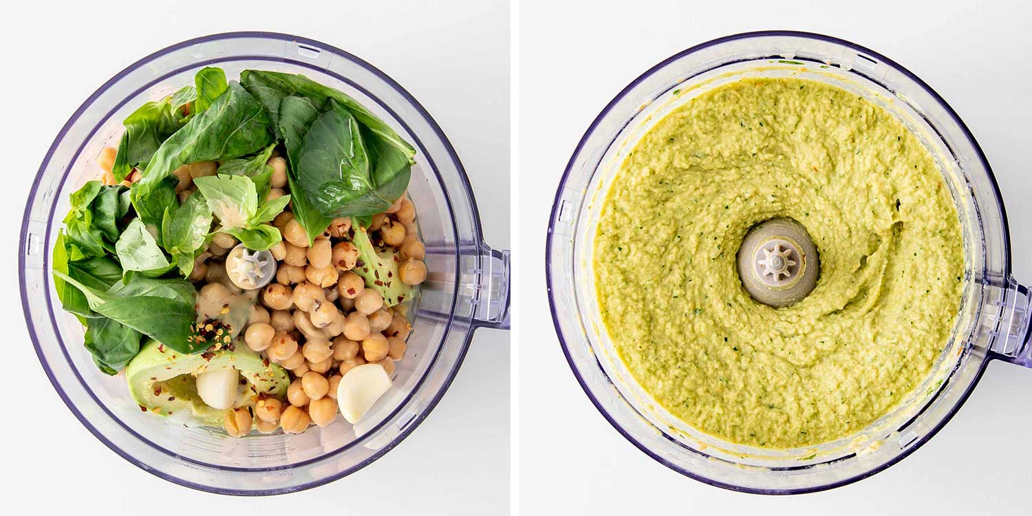 process shots showing how to make avocado basil dip.