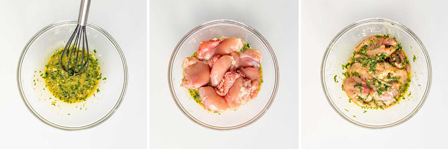 process shots showing how to make baked honey mustard chicken and potatoes.