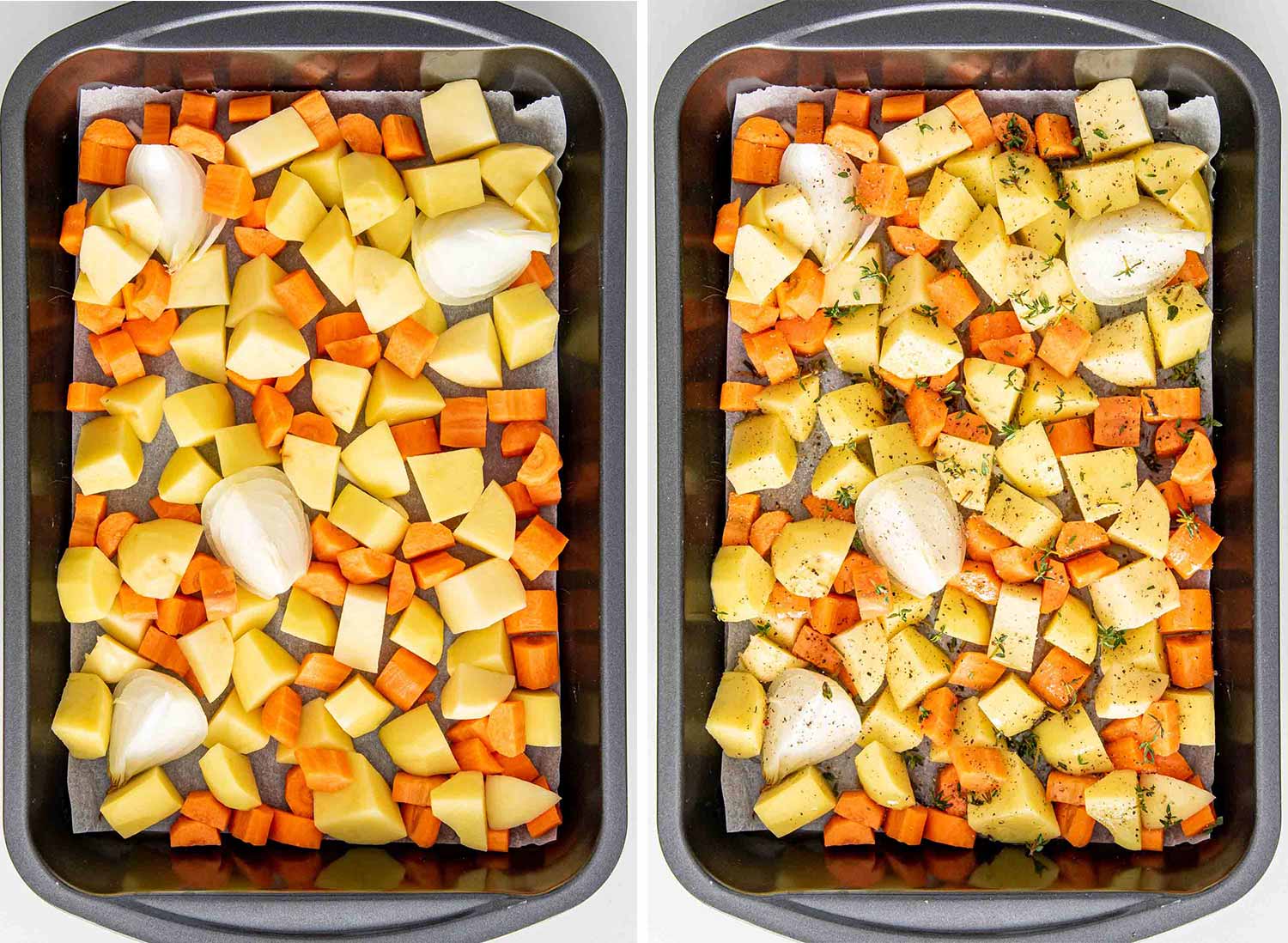 process shots showing how to make baked honey mustard chicken and potatoes.