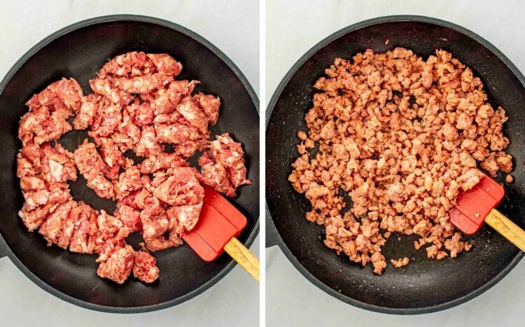 process shots showing how to make baked spaghetti.