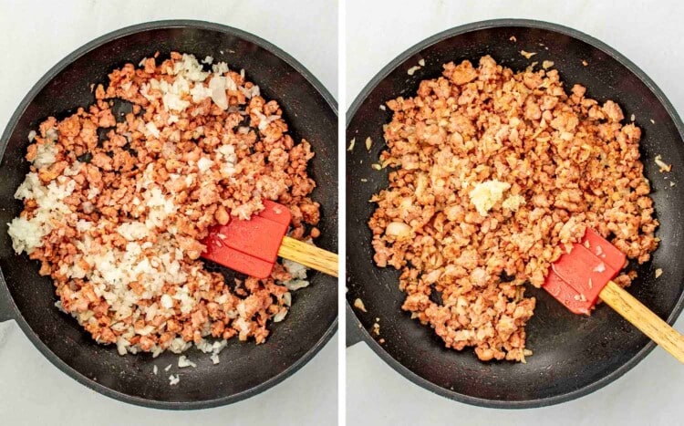 process shots showing how to make baked spaghetti.