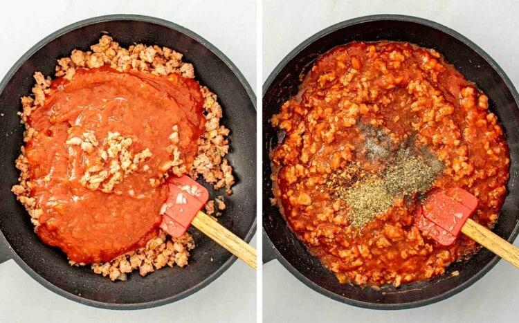 process shots showing how to make baked spaghetti.