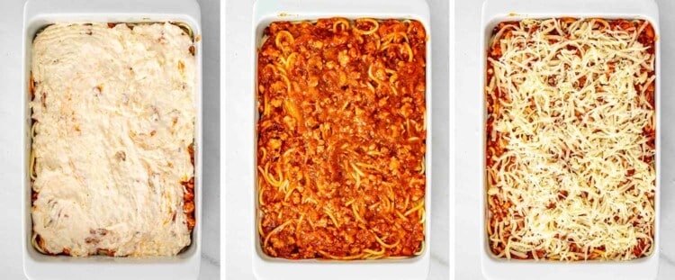 process shots showing how to make baked spaghetti.