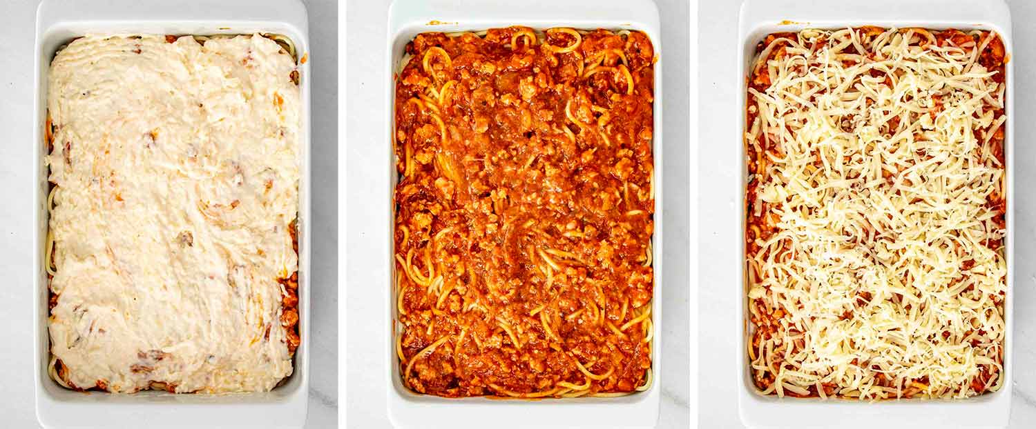 process shots showing how to make baked spaghetti.