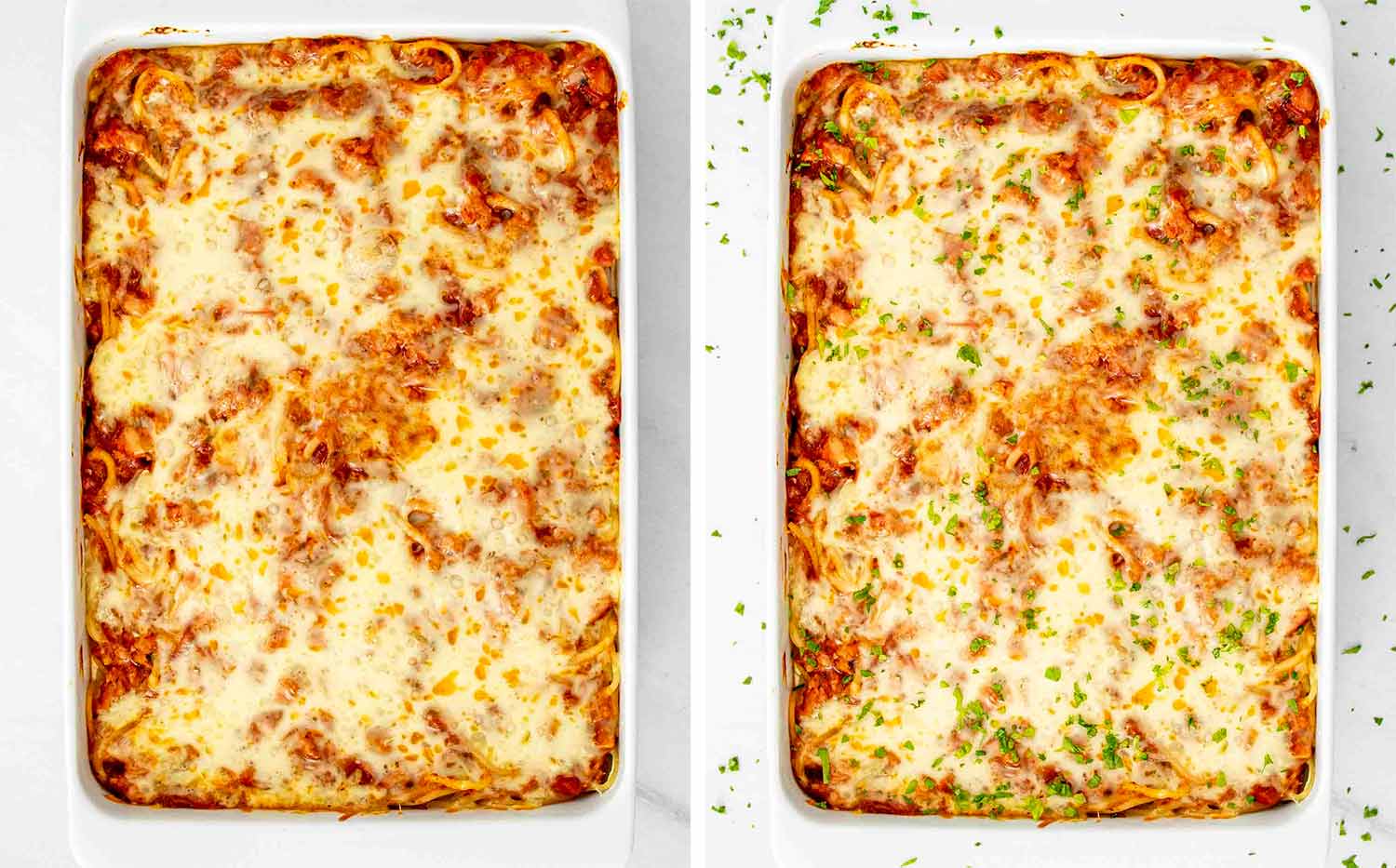 process shots showing how to make baked spaghetti.