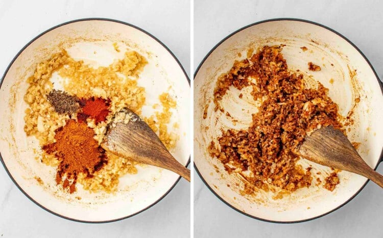 process shots showing how to make beef goulash.