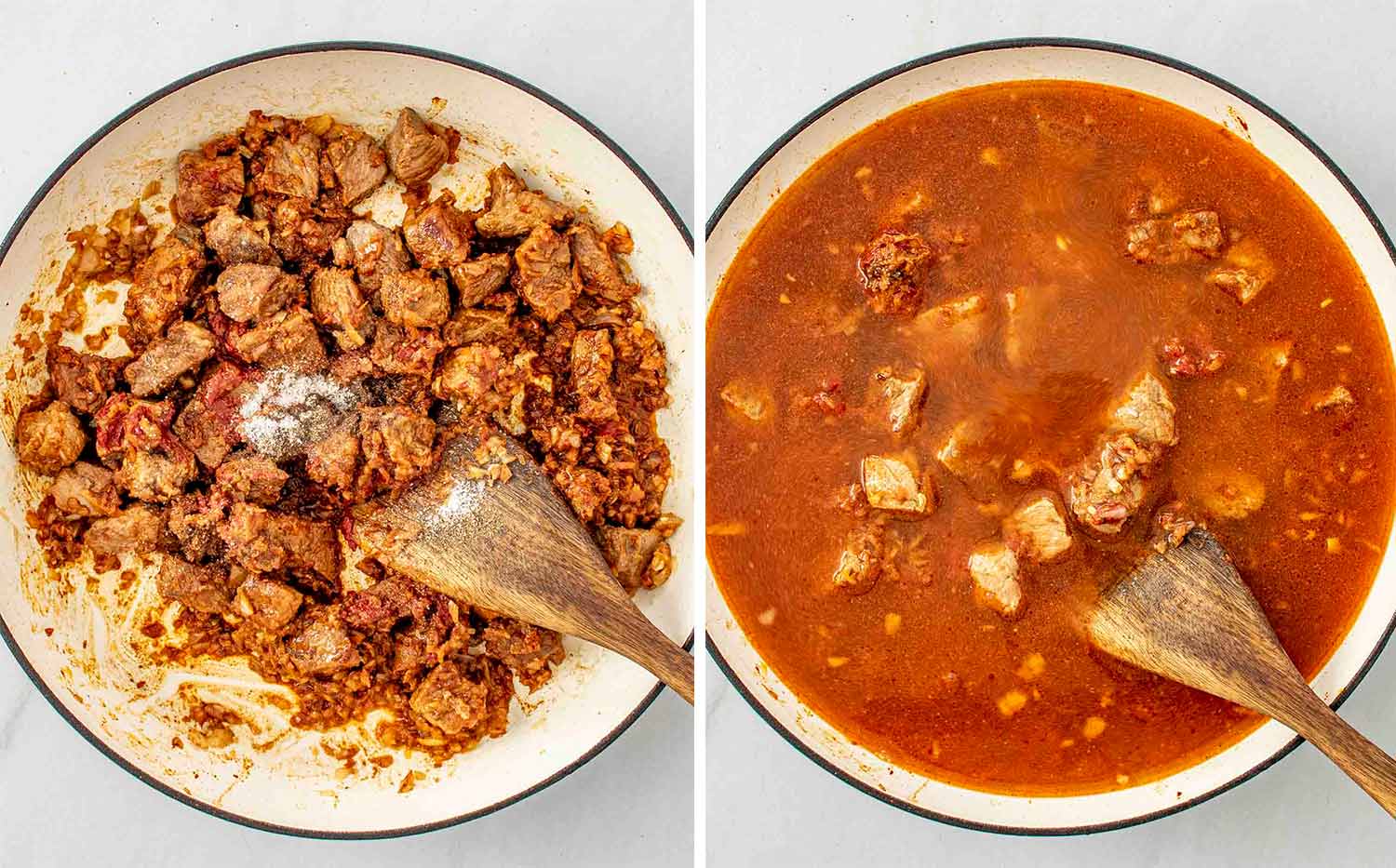 process shots showing how to make beef goulash.