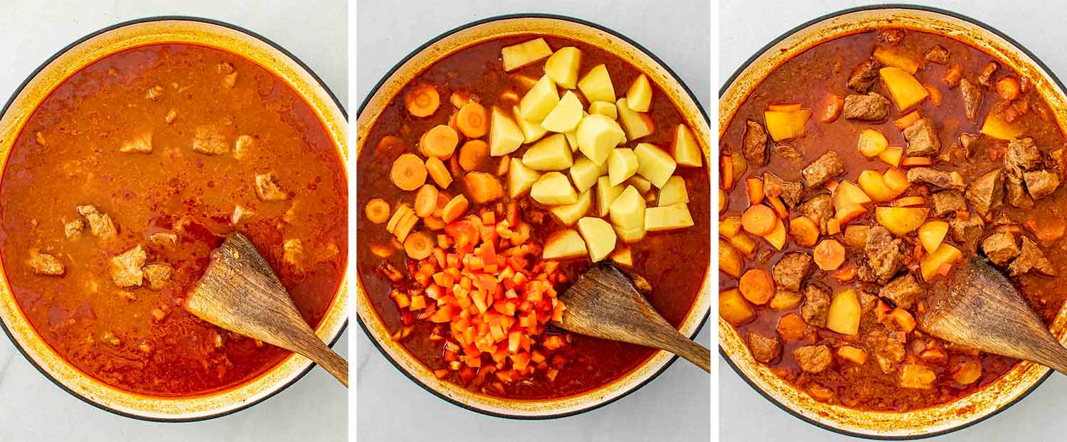 process shots showing how to make beef goulash.
