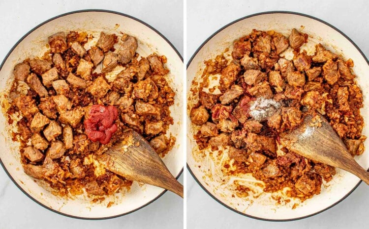 process shots showing how to make beef goulash.