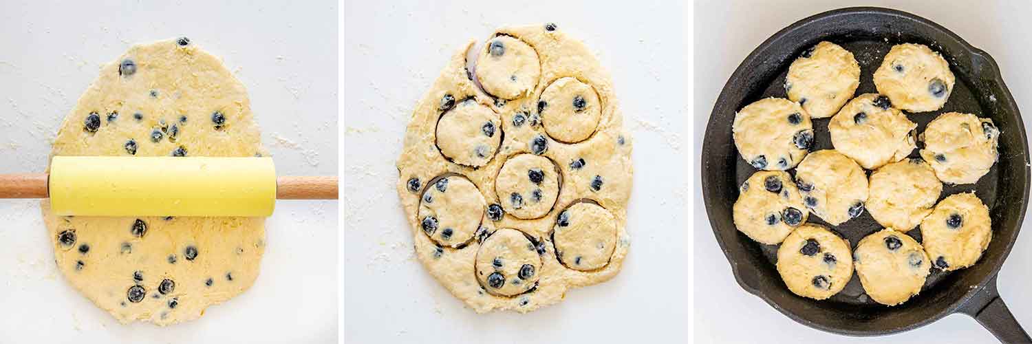 process shots showing how to make blueberry biscuits.