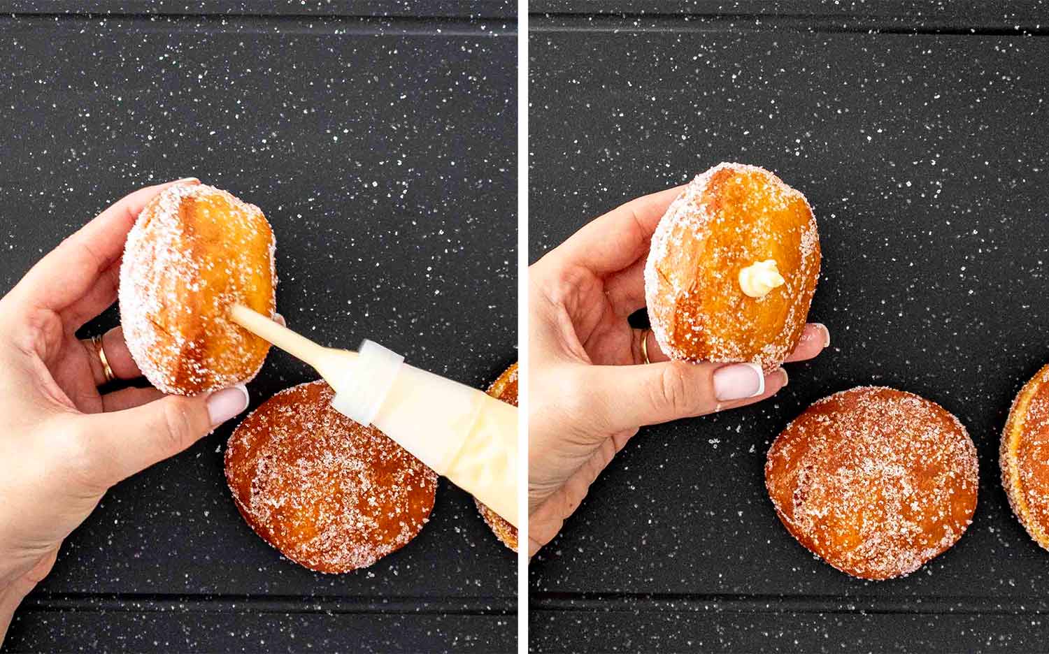 process shots showing how to make italian bomboloni.