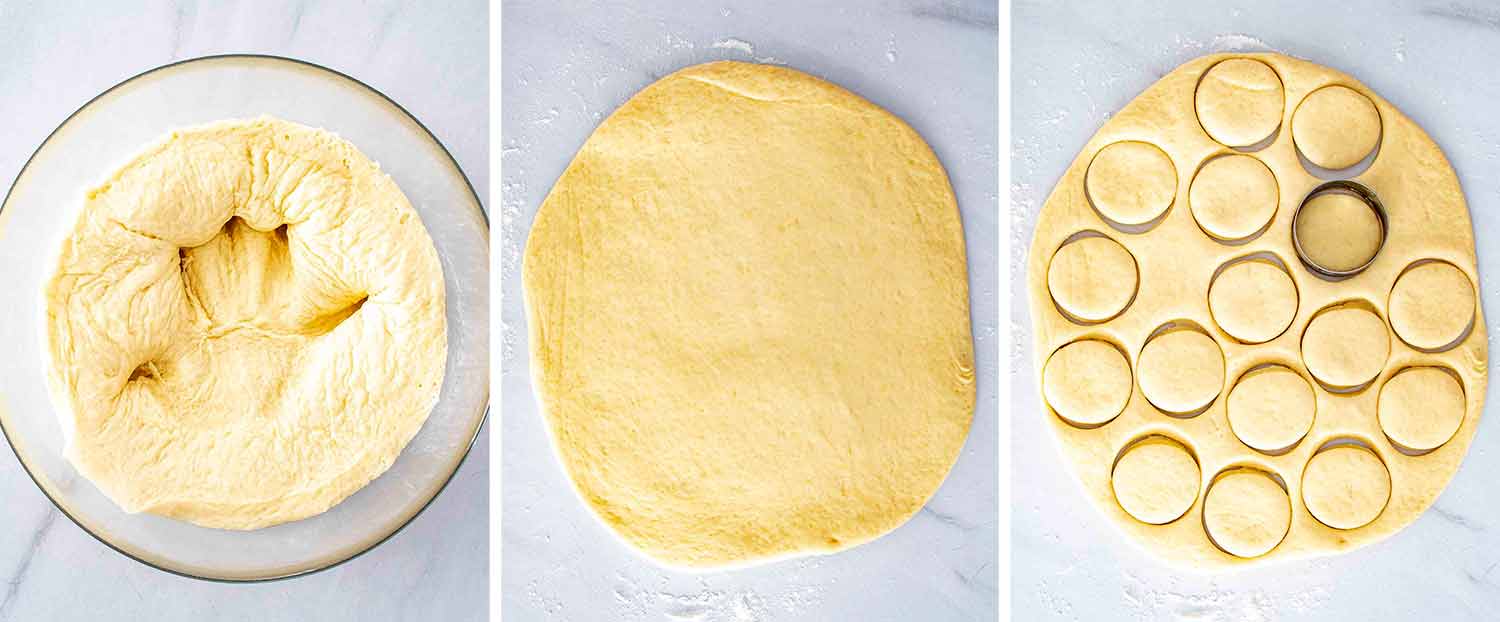 process shots showing how to make italian bomboloni.