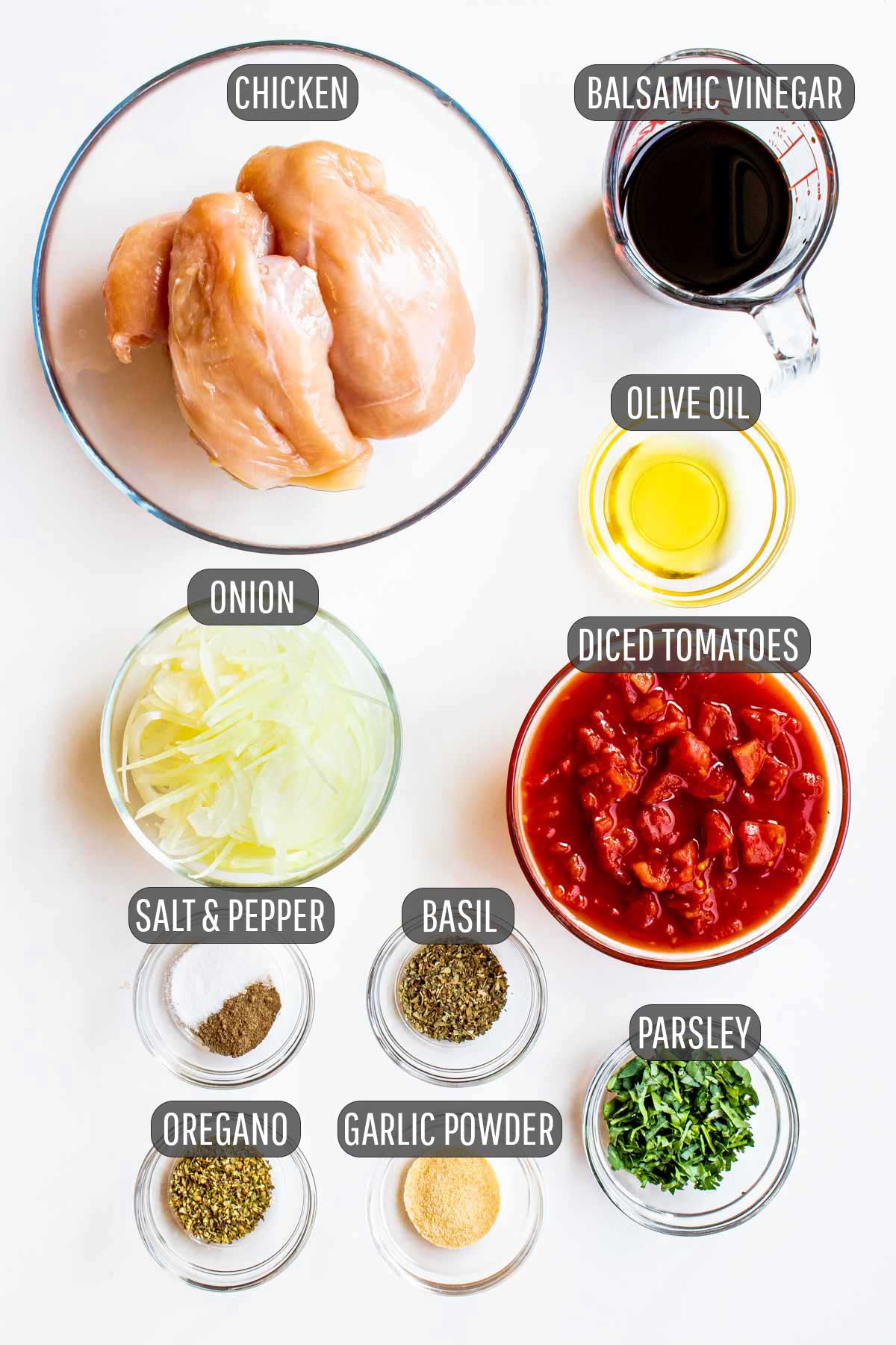 overhead shot of ingredients needed to make braised balsamic chicken.