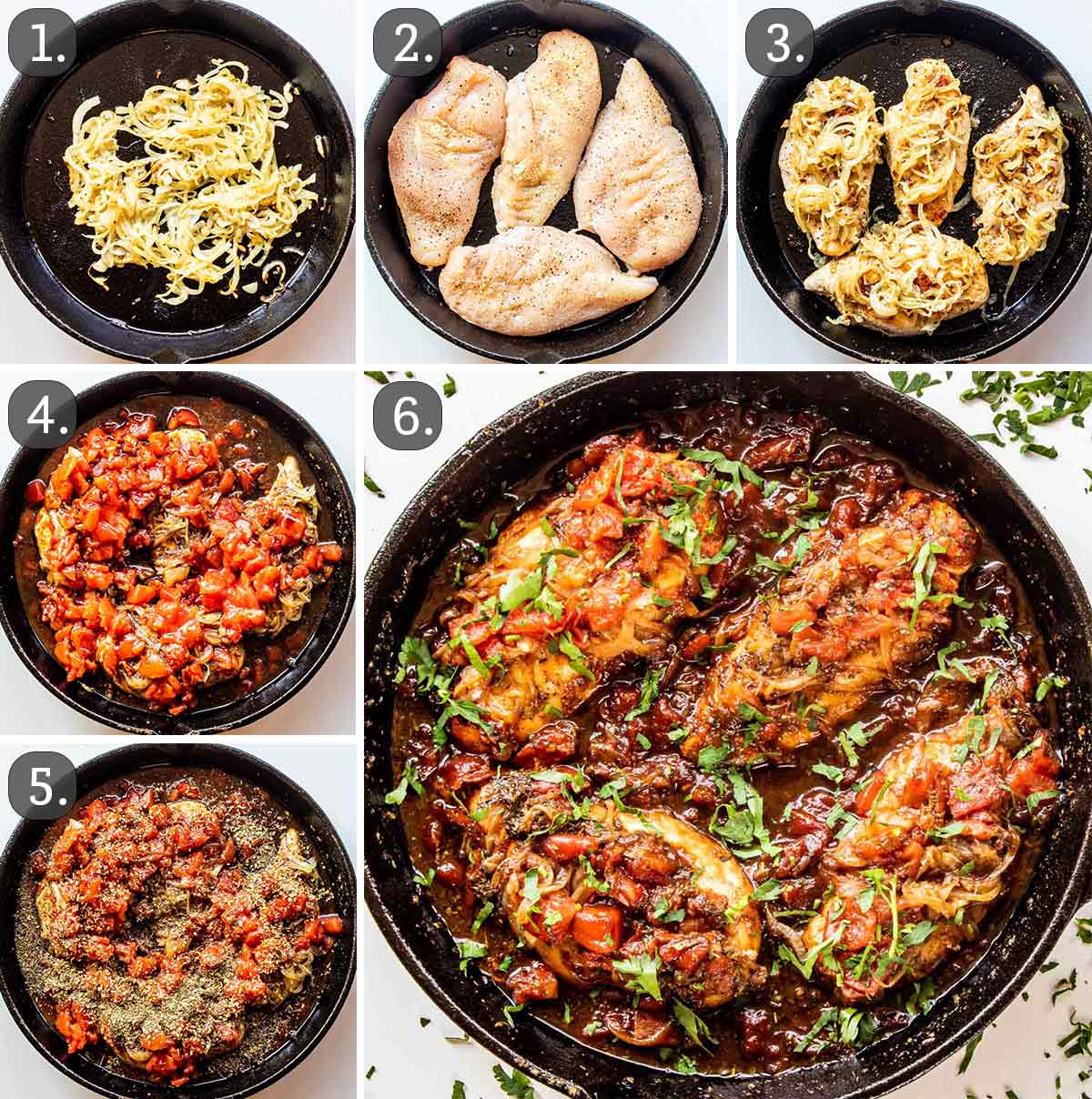 detailed process shots showing how to make braised balsamic chicken.