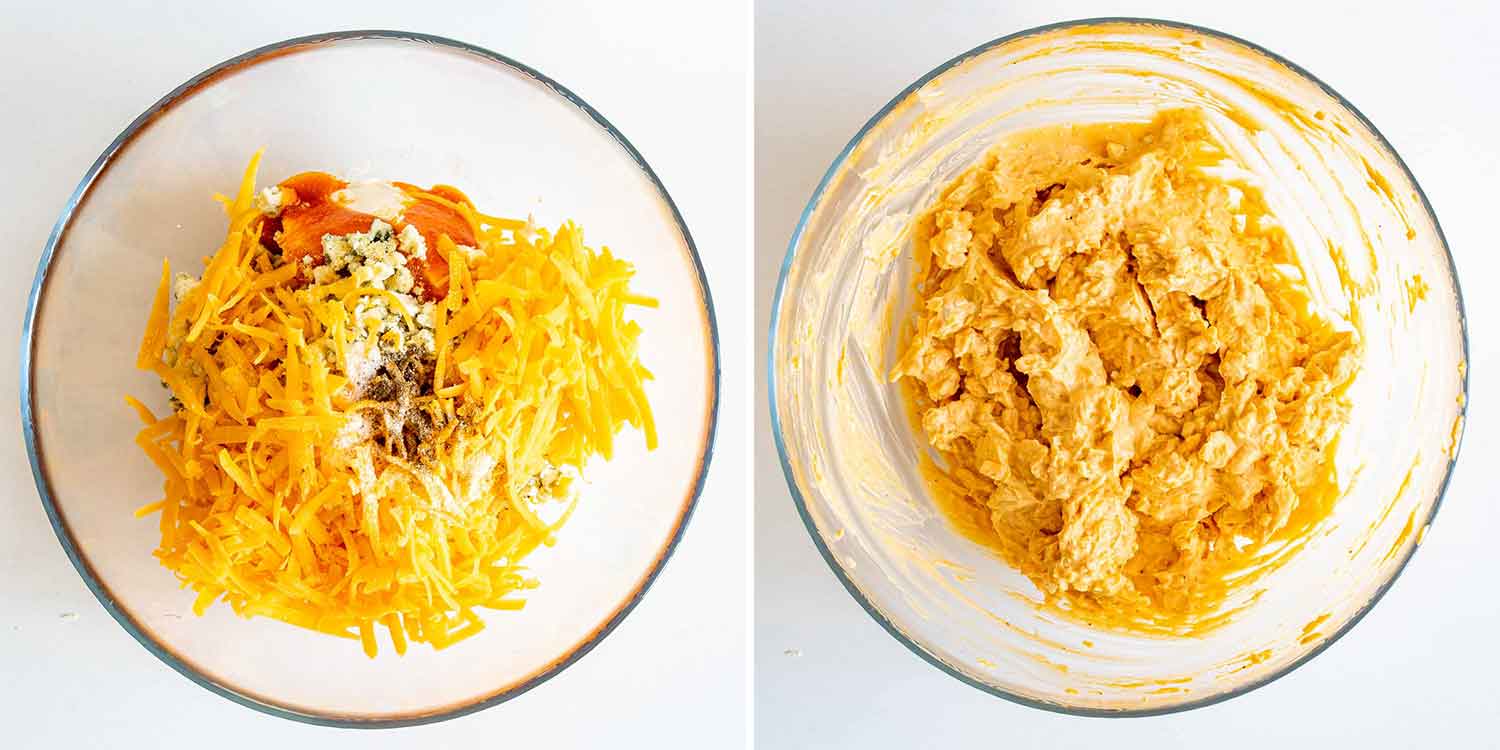 process shots showing how to make filling for buffalo chicken pinwheels.