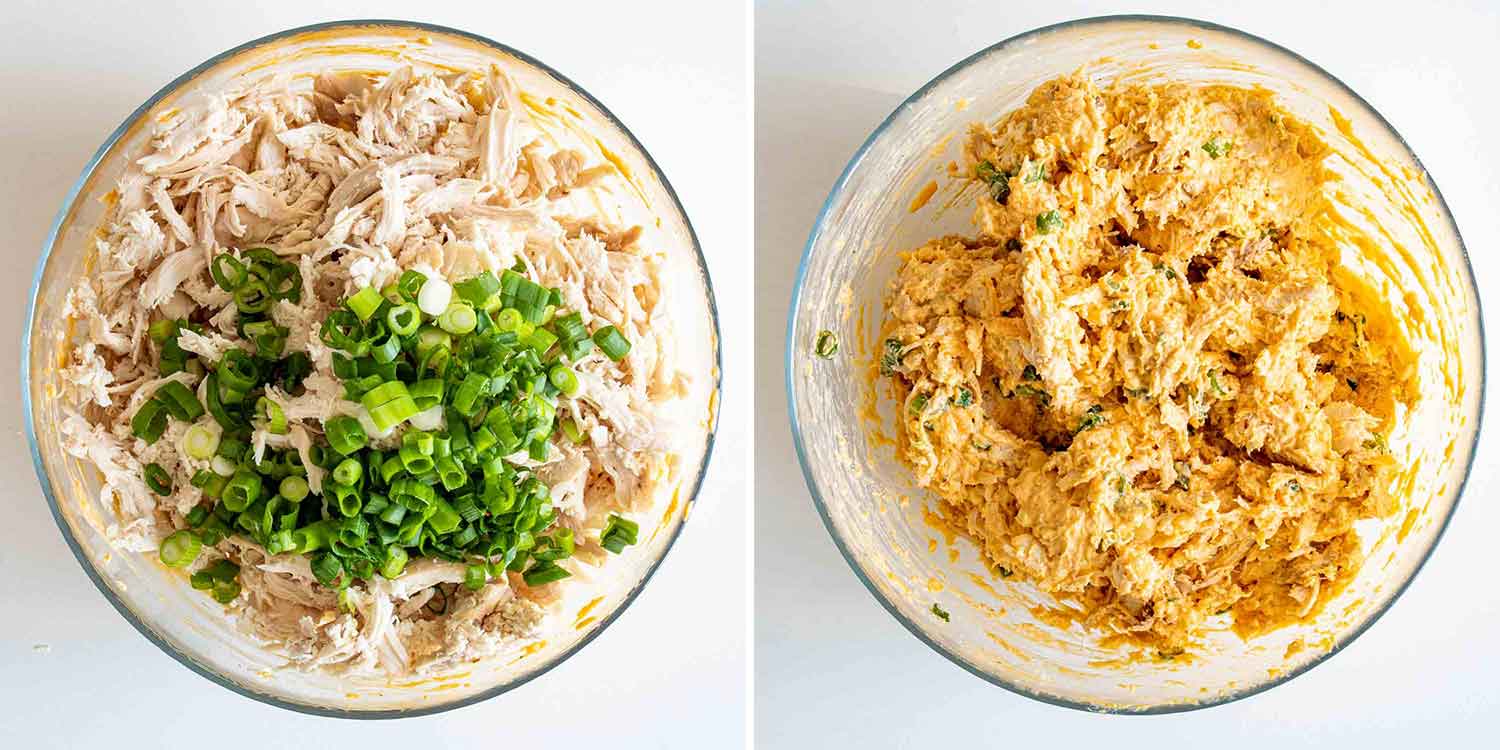 process shots showing how to make filling for buffalo chicken pinwheels.
