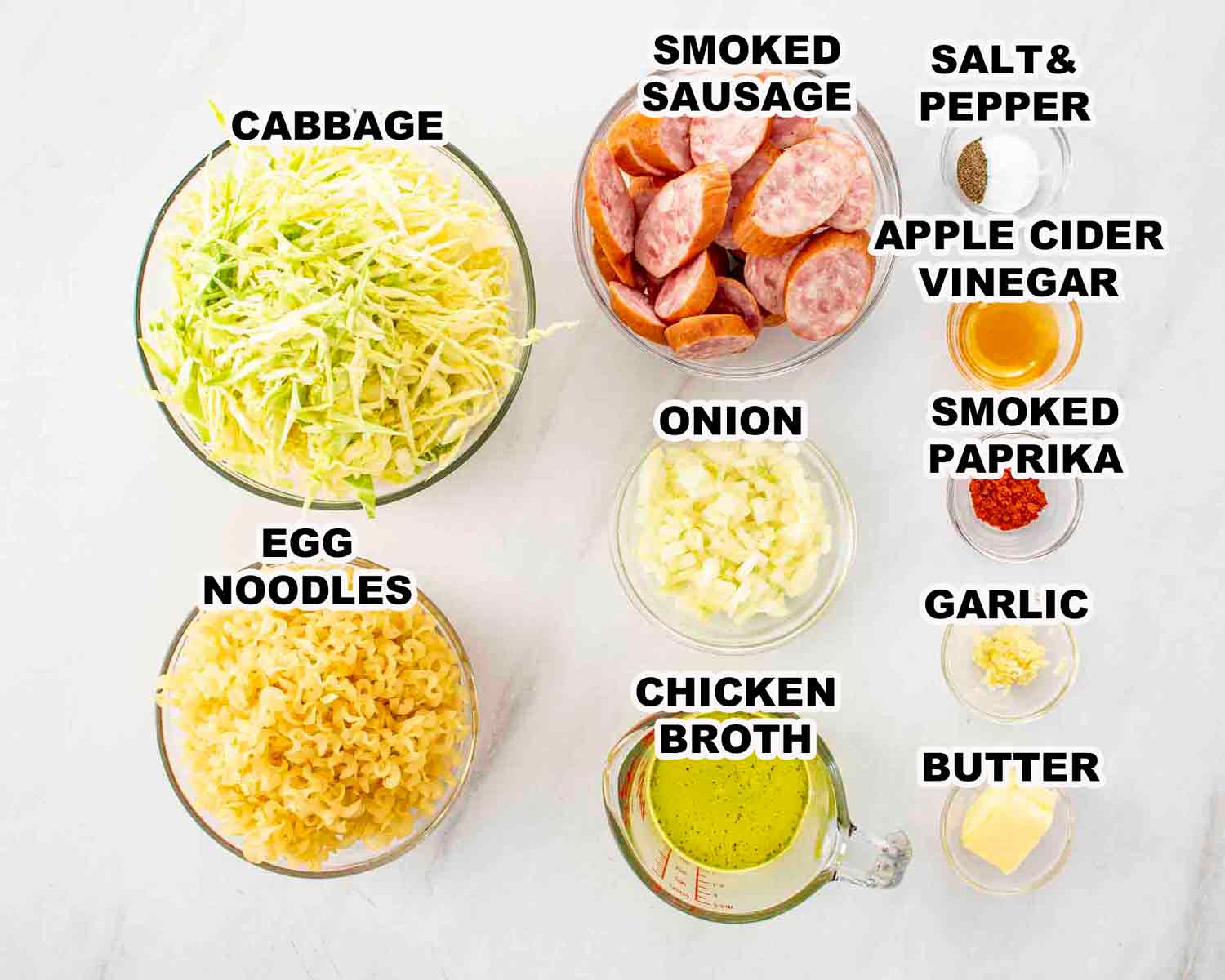ingredients you need to make cabbage and noodles with sausage.