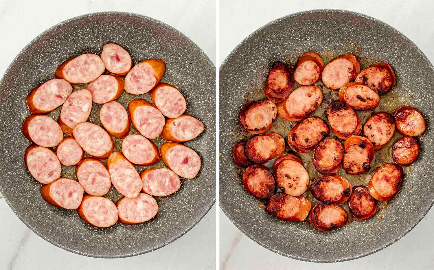 process shots showing how to make cabbage and noodles with sausage.