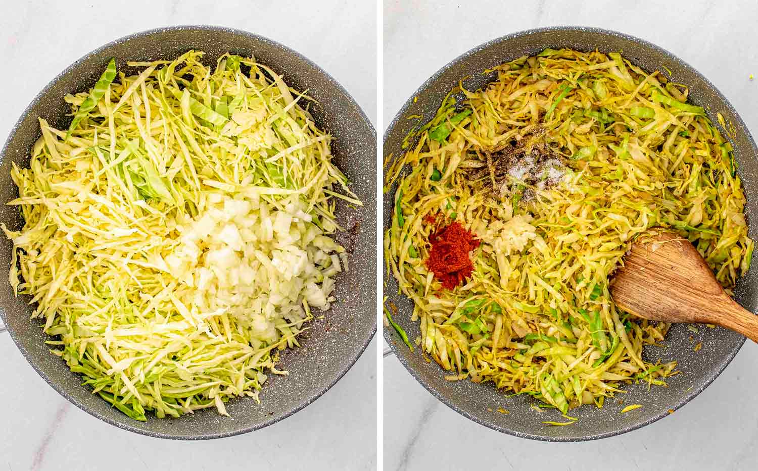 process shots showing how to make cabbage and noodles with sausage.