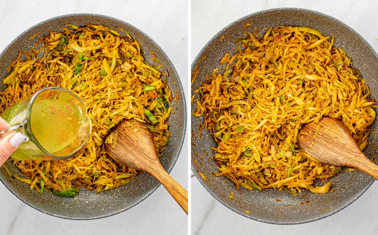 process shots showing how to make cabbage and noodles with sausage.