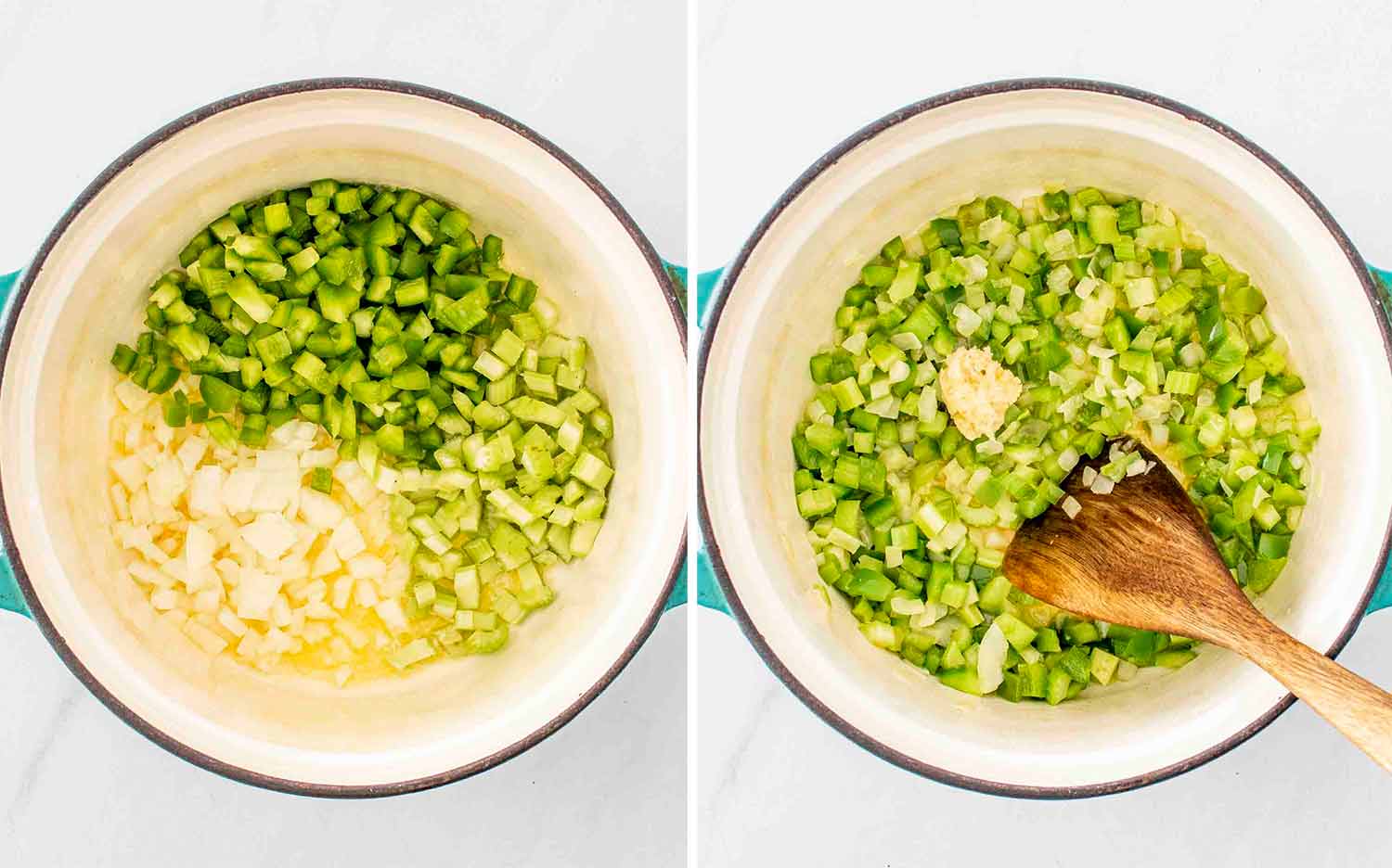 process shots showing how to make cajun potato soup.
