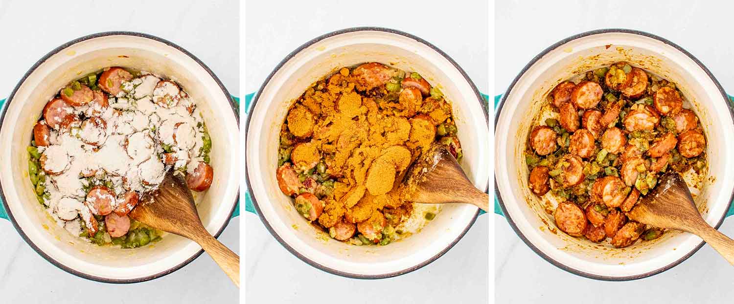 process shots showing how to make cajun potato soup.