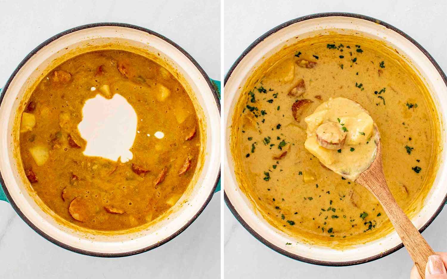 process shots showing how to make cajun potato soup.