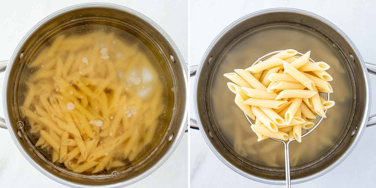 process shots showing how to make cheesesteak pasta.