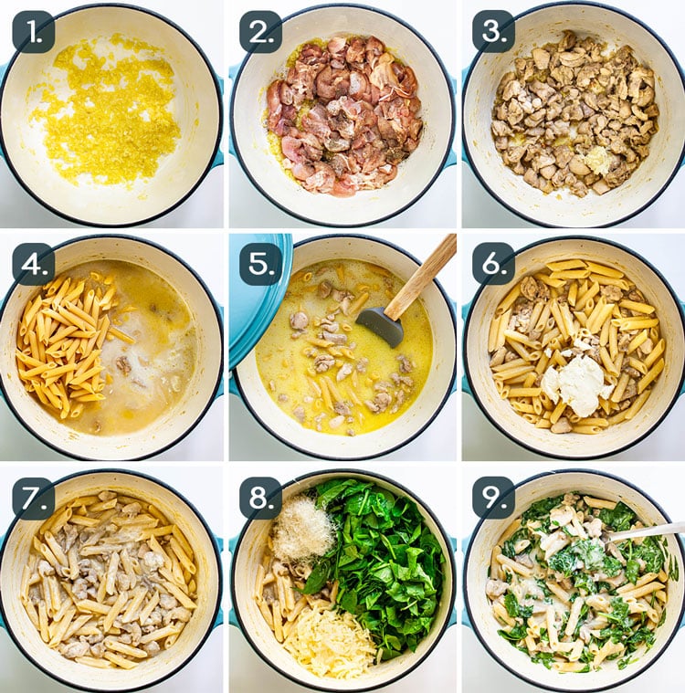 process shots showing how to make cheesy chicken pasta