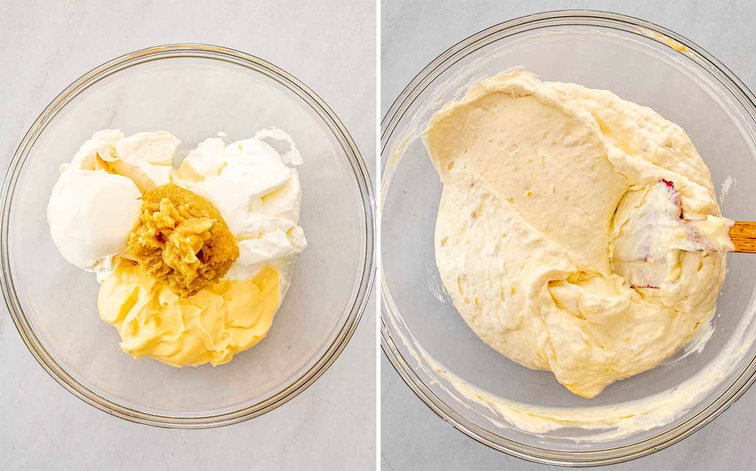 process shots showing how to make cheesy roasted garlic dip.