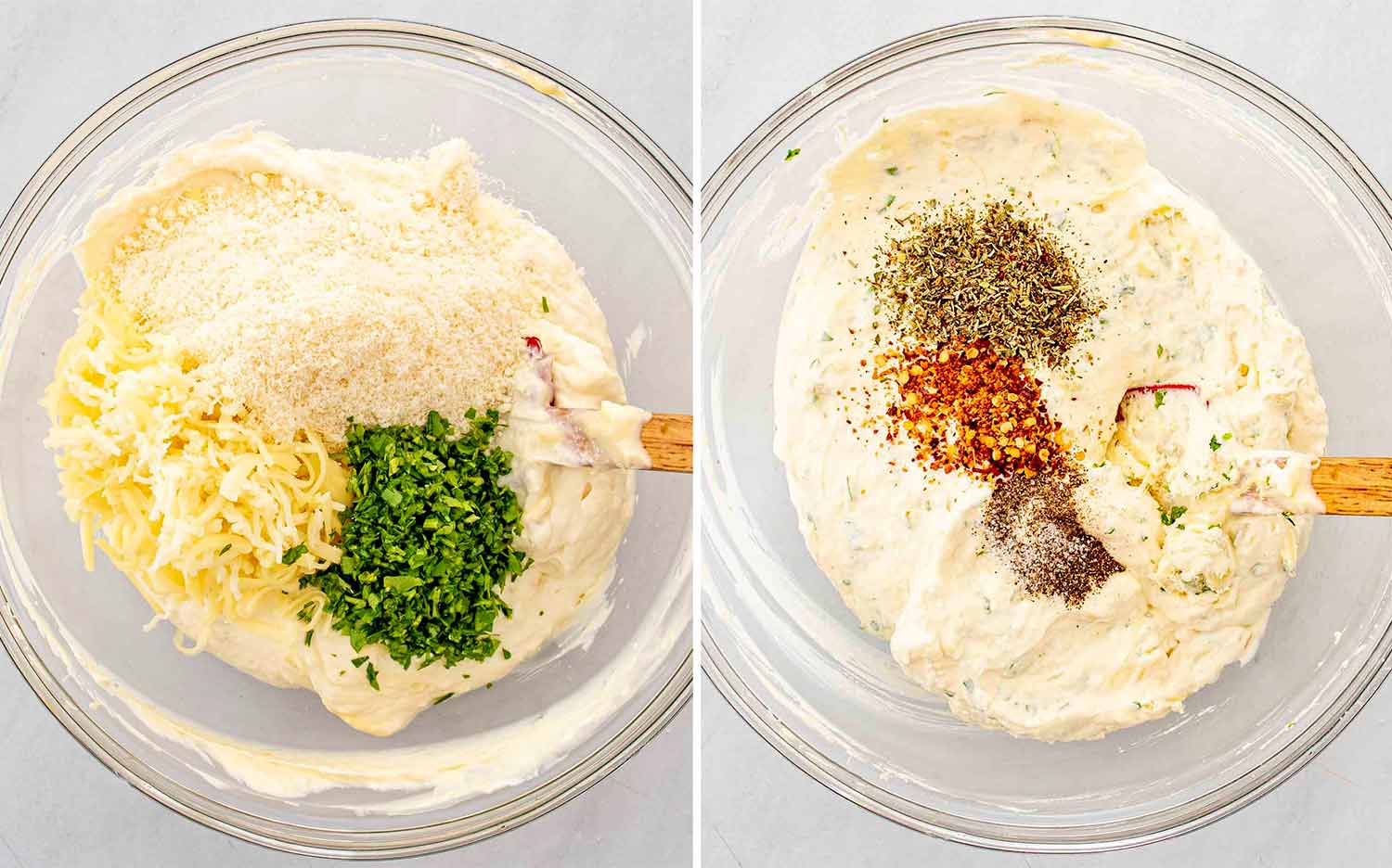 process shots showing how to make cheesy roasted garlic dip.