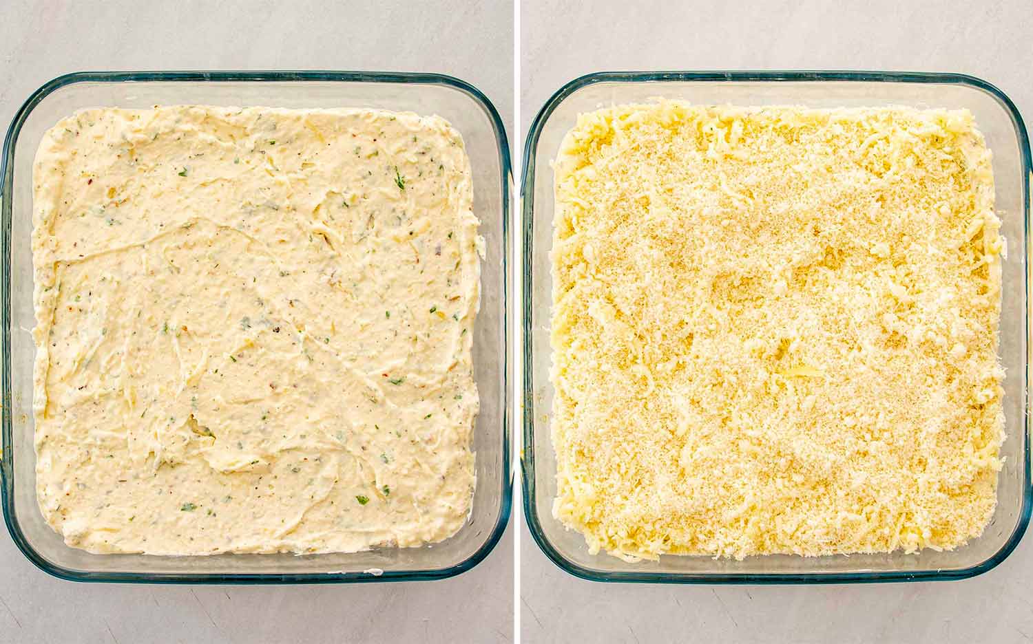 process shots showing how to make cheesy roasted garlic dip.