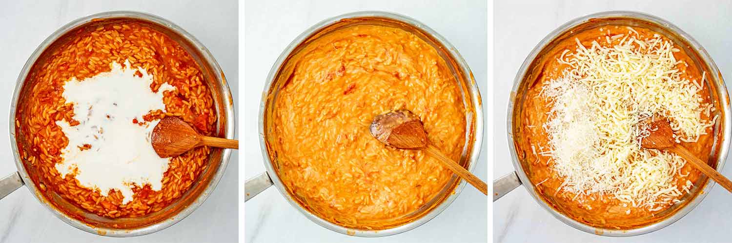 process shots showing how to make cheesy tomato basil orzo.