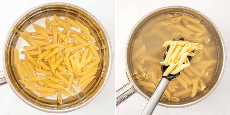 process shots showing how to make cheesy tomato beef pasta bake.