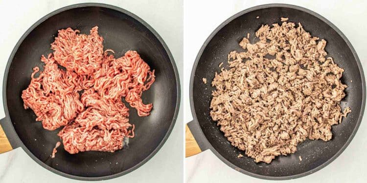 process shots showing how to make cheesy tomato beef pasta bake.