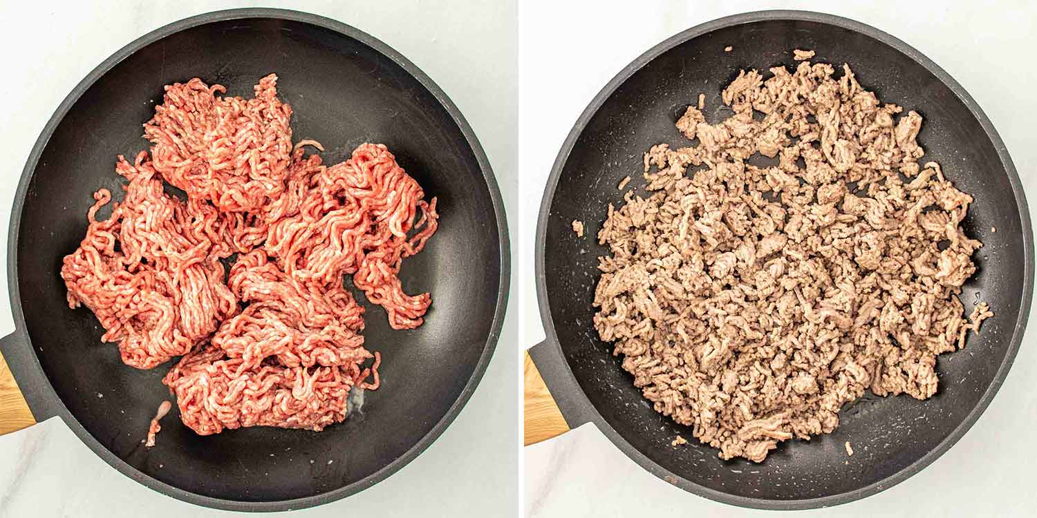 process shots showing how to make cheesy tomato beef pasta bake.