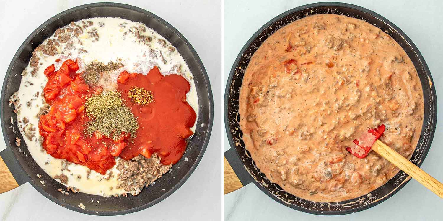 process shots showing how to make cheesy tomato beef pasta bake.