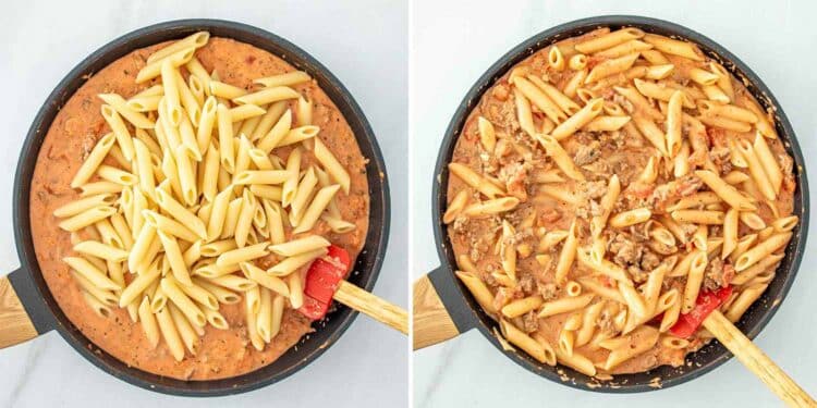 process shots showing how to make cheesy tomato beef pasta bake.