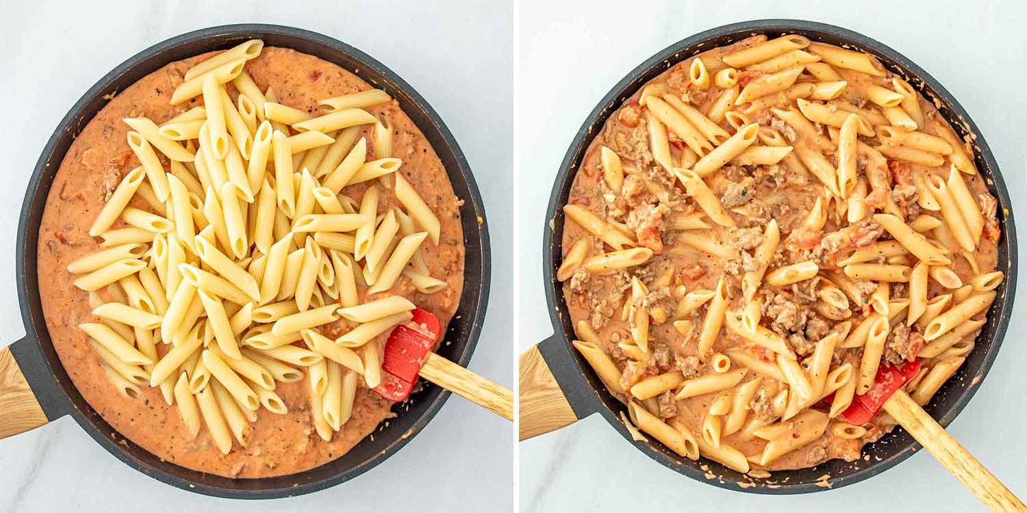 process shots showing how to make cheesy tomato beef pasta bake.