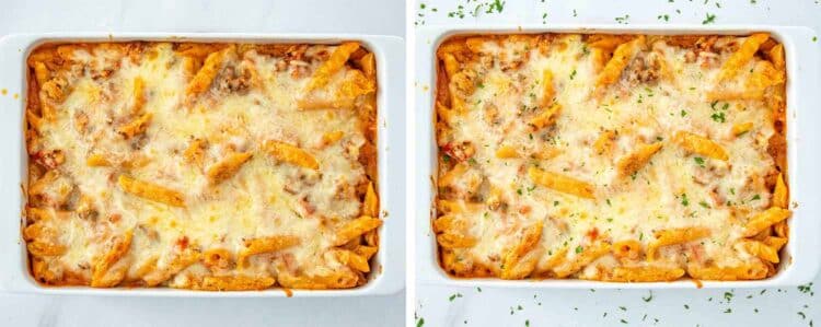 process shots showing how to make cheesy tomato beef pasta bake.