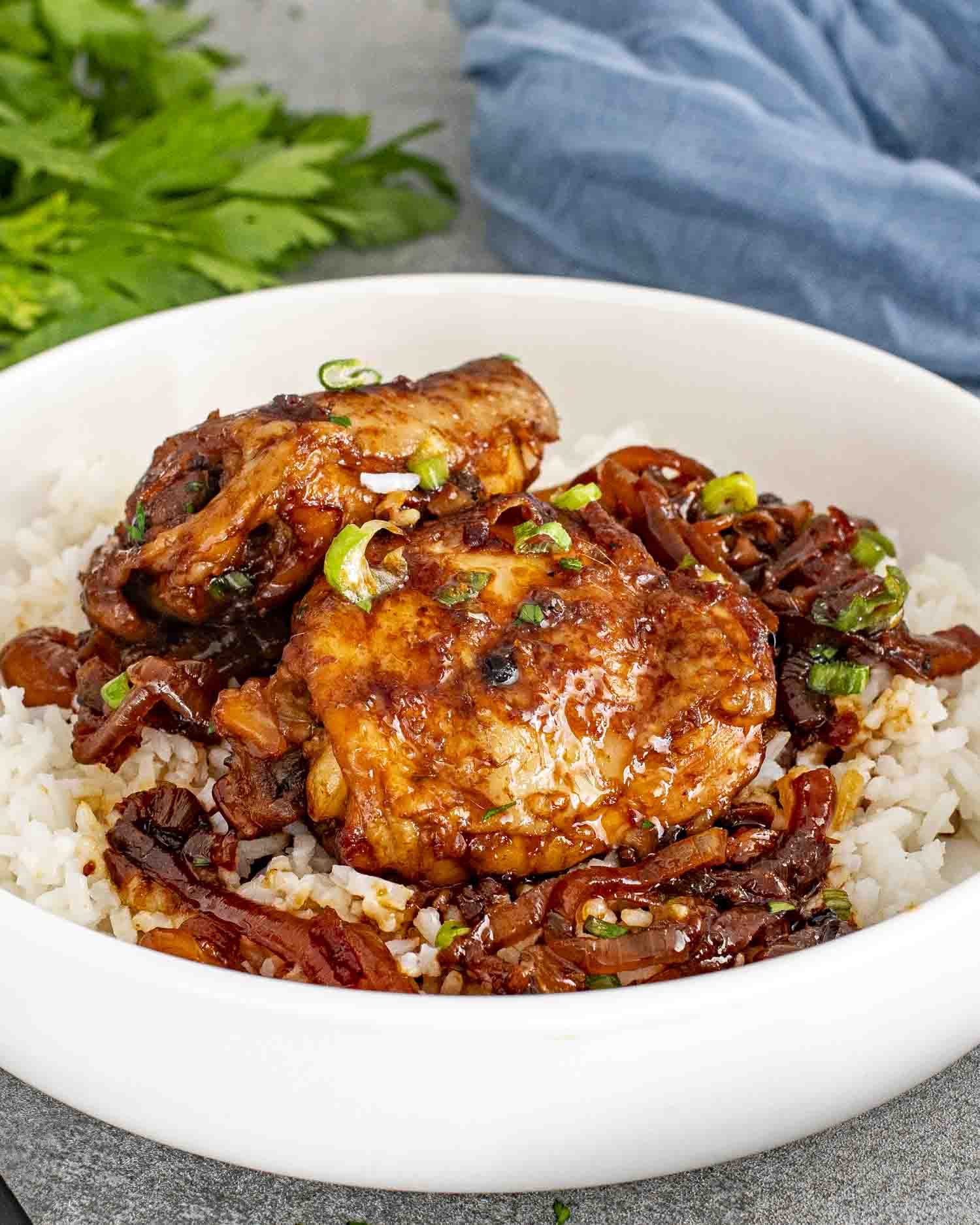 a serving of chicken adobo with rice in a white bowl.