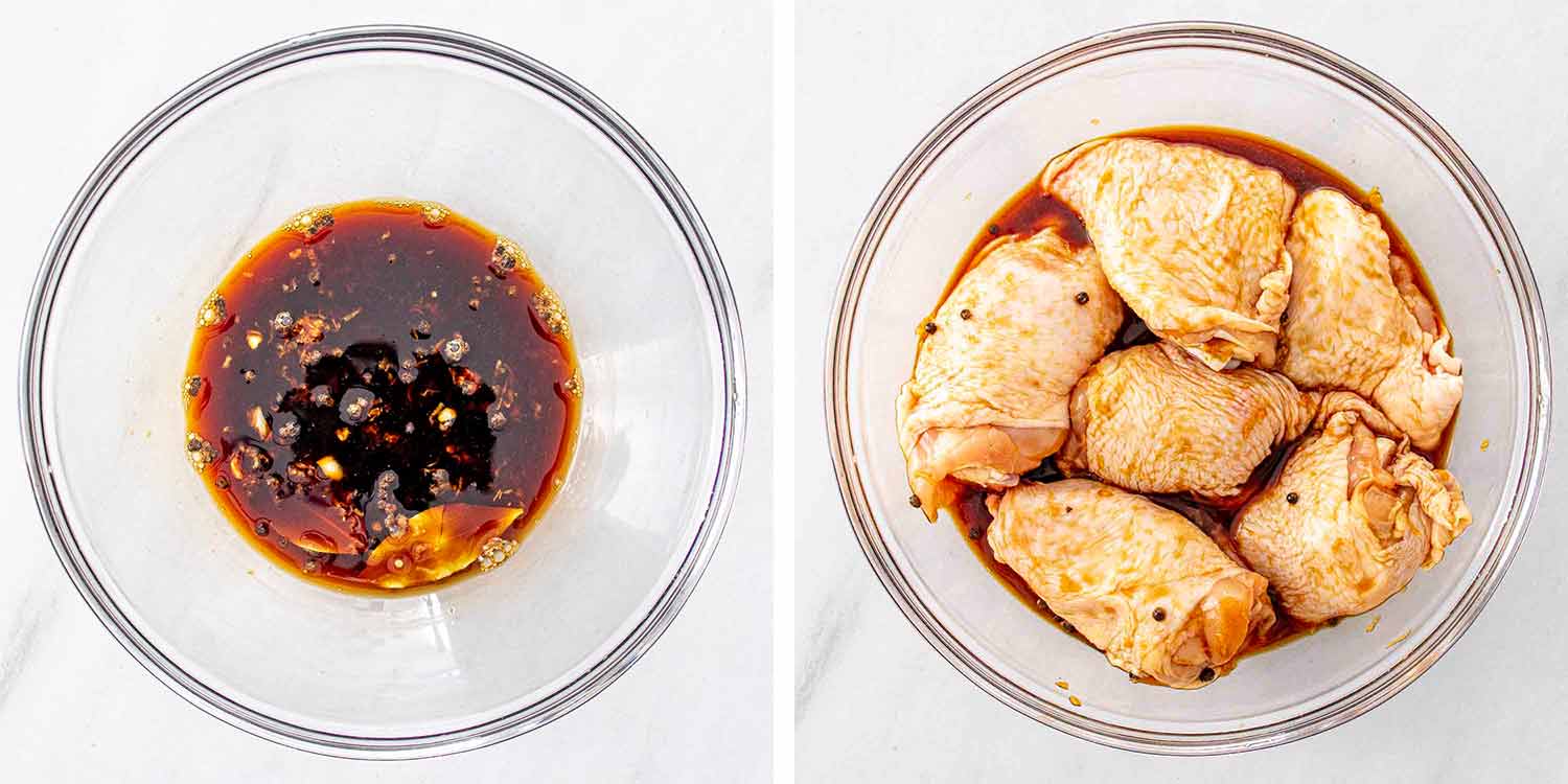 process shots showing how to make chicken adobo.