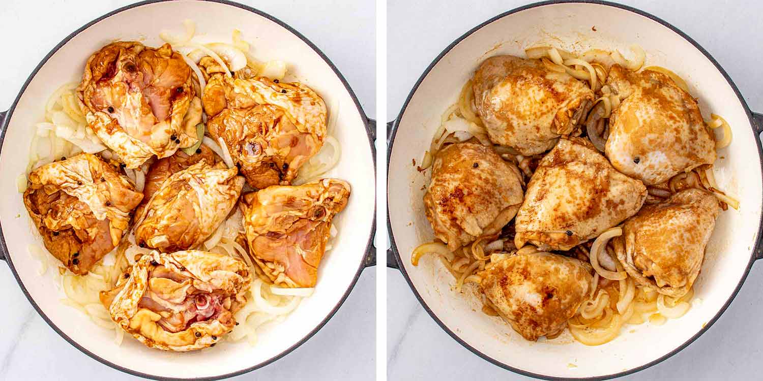process shots showing how to make chicken adobo.