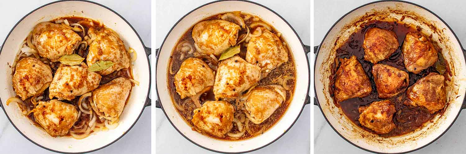 process shots showing how to make chicken adobo.