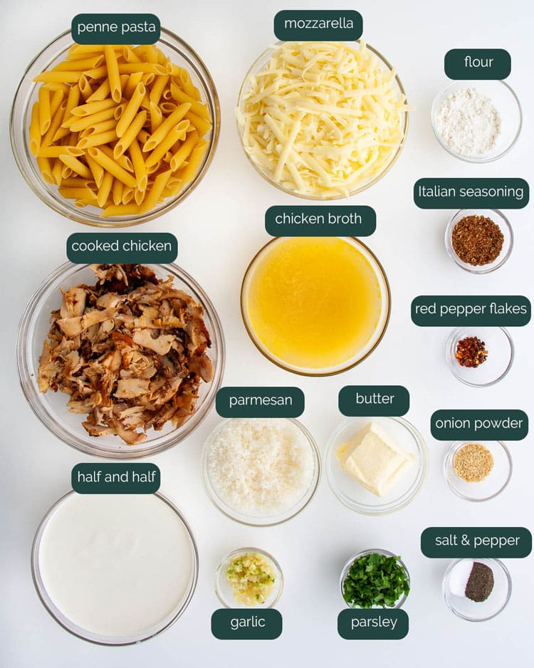 overhead shot of all the ingredients needed to make chicken alfredo bake