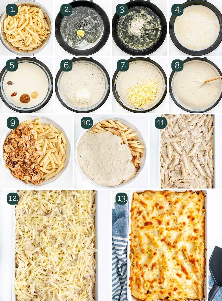 process shots showing how to make chicken alfredo bake