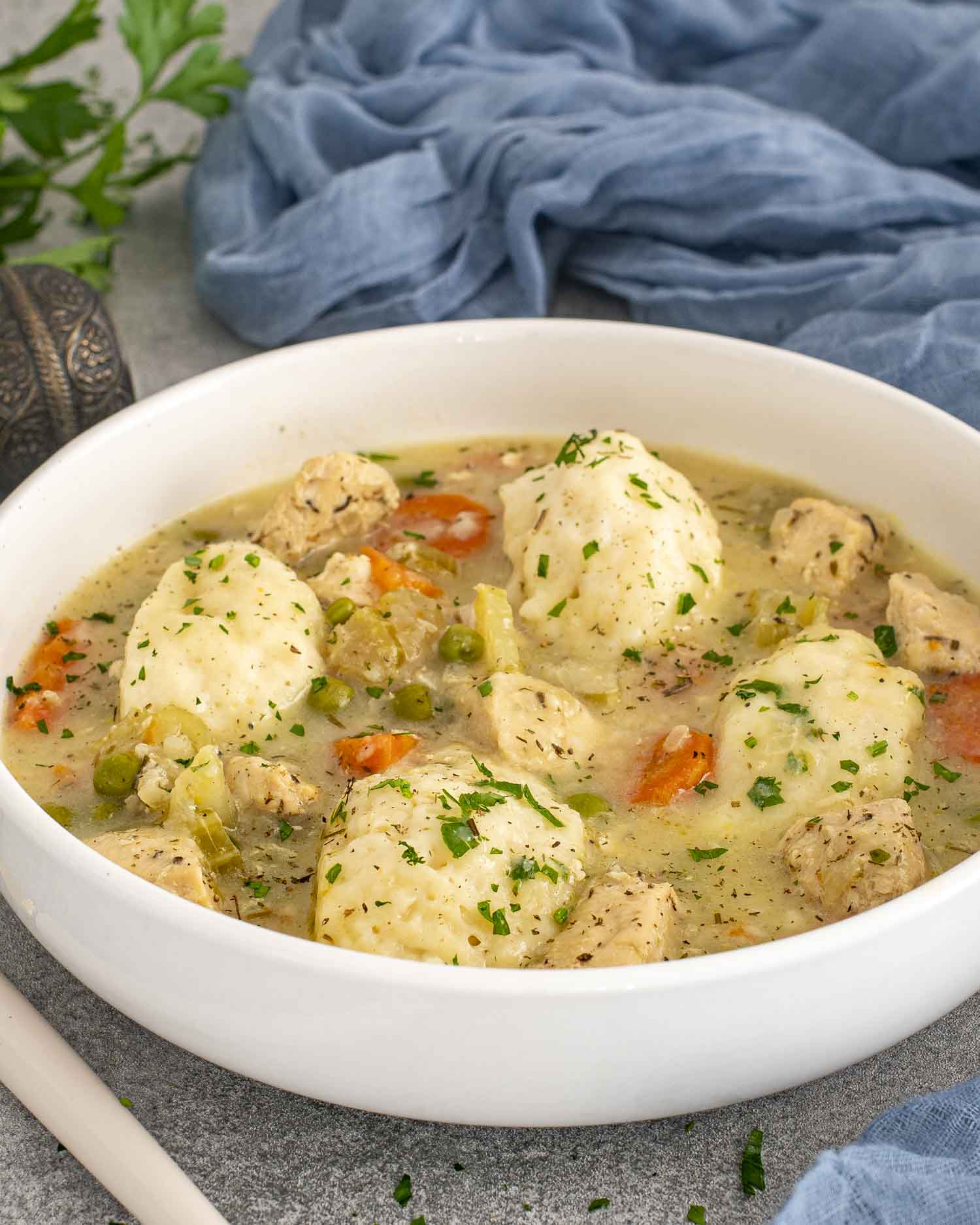 Bowl of chicken and dumplings with tender chicken, vegetables, and fluffy dumplings in a creamy broth, garnished with parsley.