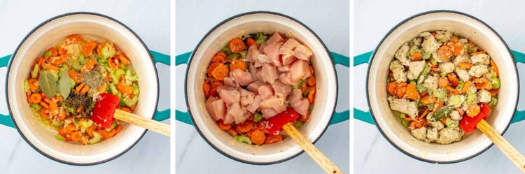 process shots showing how to make chicken and dumplings.